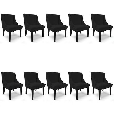 Kit 10 Cadeiras Estofadas Para Sala De Jantar Base Fixa De Madeira Preto Lia Linho Preto - Ibiza