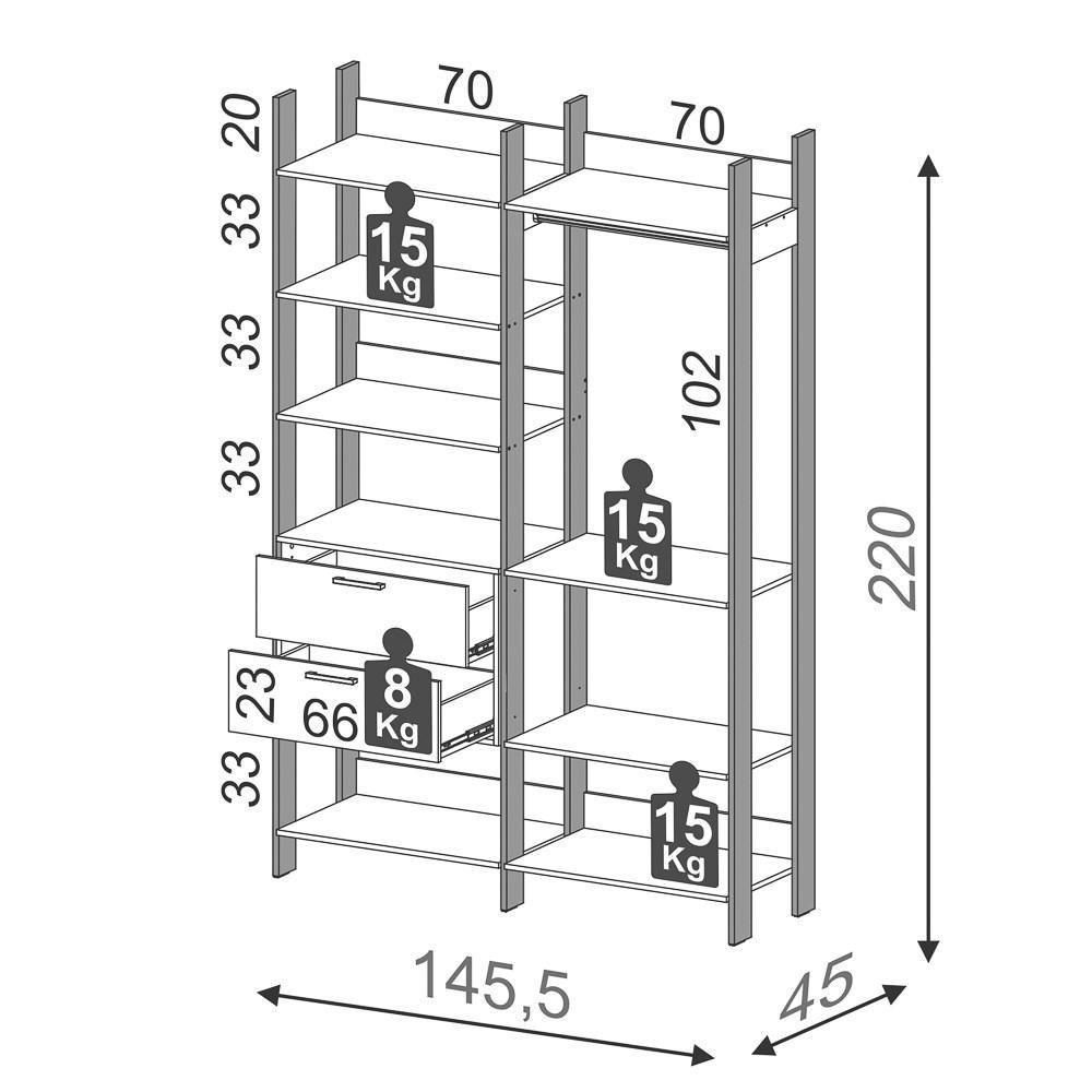 Guarda Roupa Closet Industrial 145cm 100% Mdf Tw403 Freijó/preto Fosco - Pradel - 4