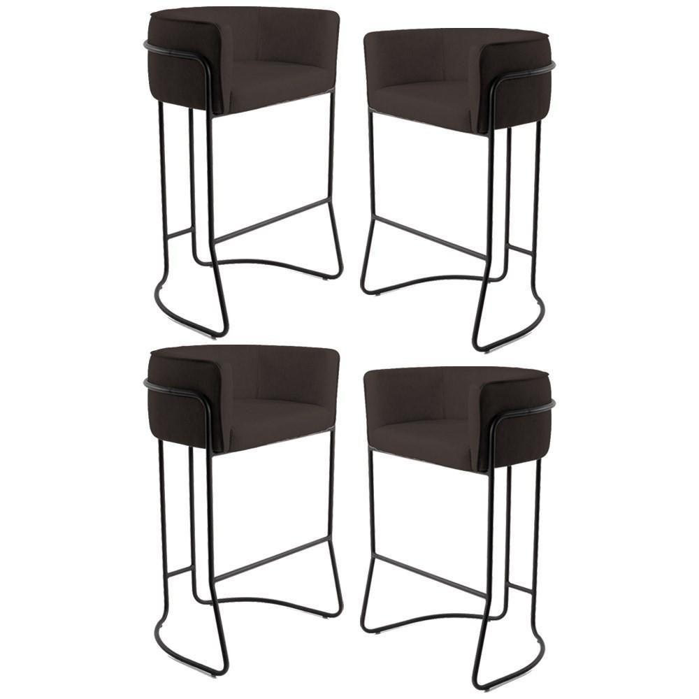 Kit 4 Banquetas Decorativas Base Aço Preto Betina C-34 Sintético Marrom Escuro - Domi - 1