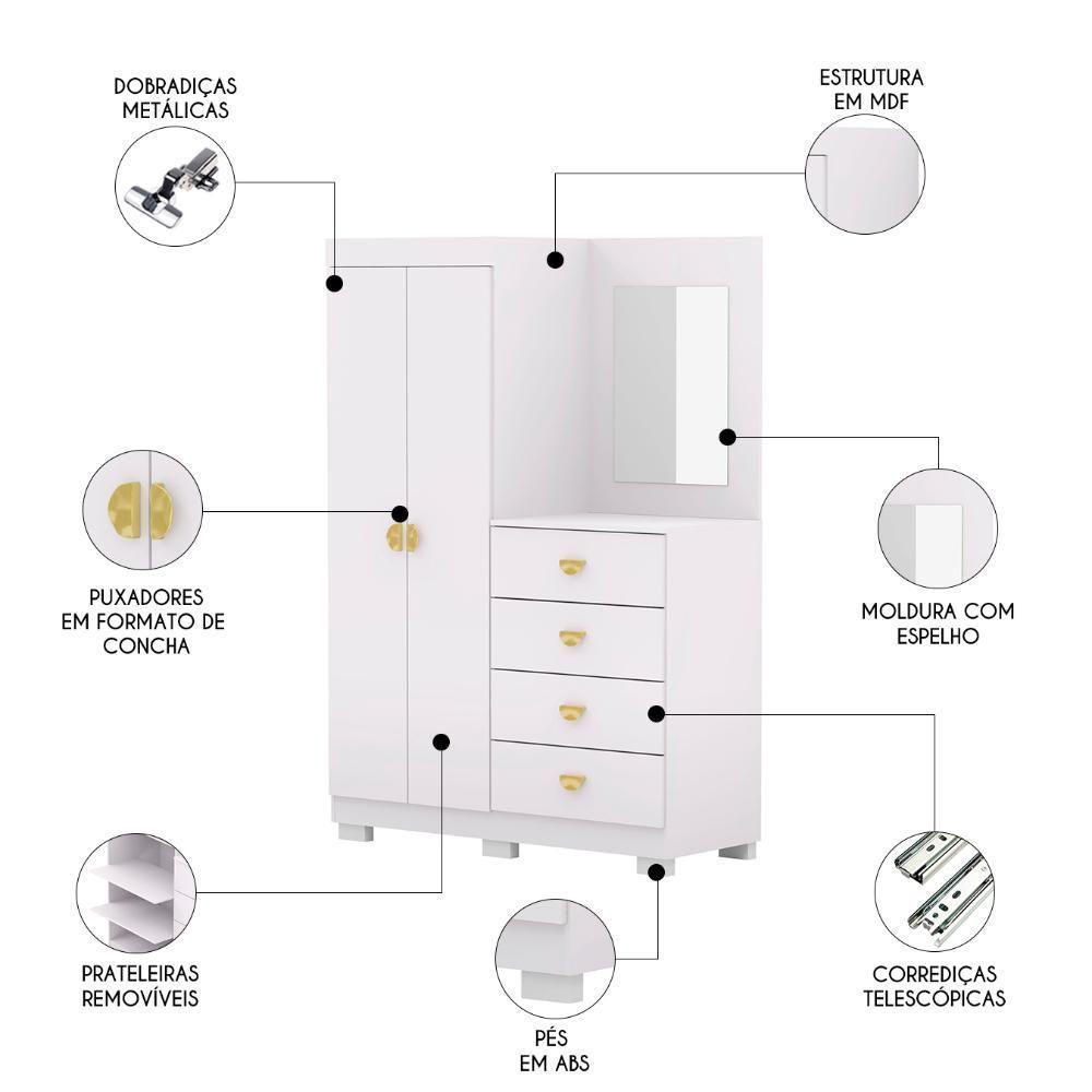 Guarda Roupa Cômoda Com Espelho 120cm Rita Flex Branco V02 - Mpozenato - 3