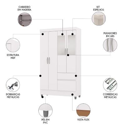 Guarda Roupa Solteiro Ideal Flex 4 Portas de Bater 2 Gavetas Branco MDF Vila Rica