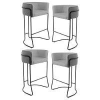 Kit 4 Banquetas Decorativas Base Aço Preto Betina C-416 Linho Cinza Escuro - Domi - 1