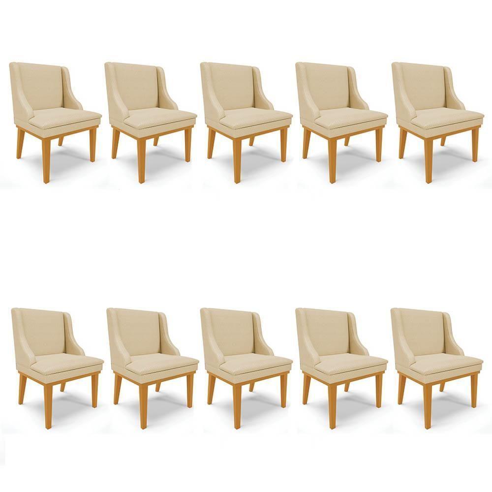 Kit 10 Cadeiras Estofadas Para Sala De Jantar Base Fixa De Madeira Castanho Lia Veludo Off White - Ibiza - 1