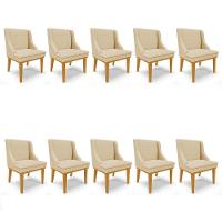 Kit 10 Cadeiras Estofadas Para Sala De Jantar Base Fixa De Madeira Castanho Lia Veludo Off White - Ibiza - 1