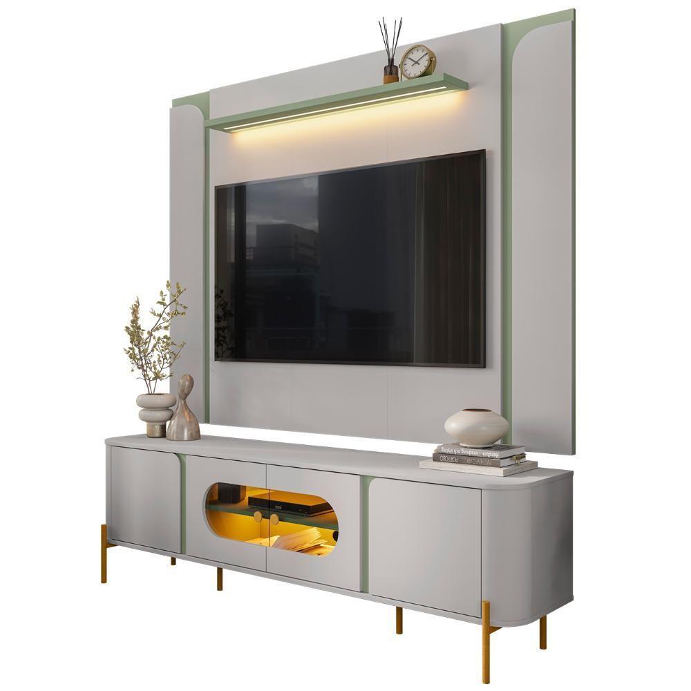 Painel Tv 75 Pol Marina E Rack Com Led 180cm Ricky Off/pistache B02 - Mpozenato - 1