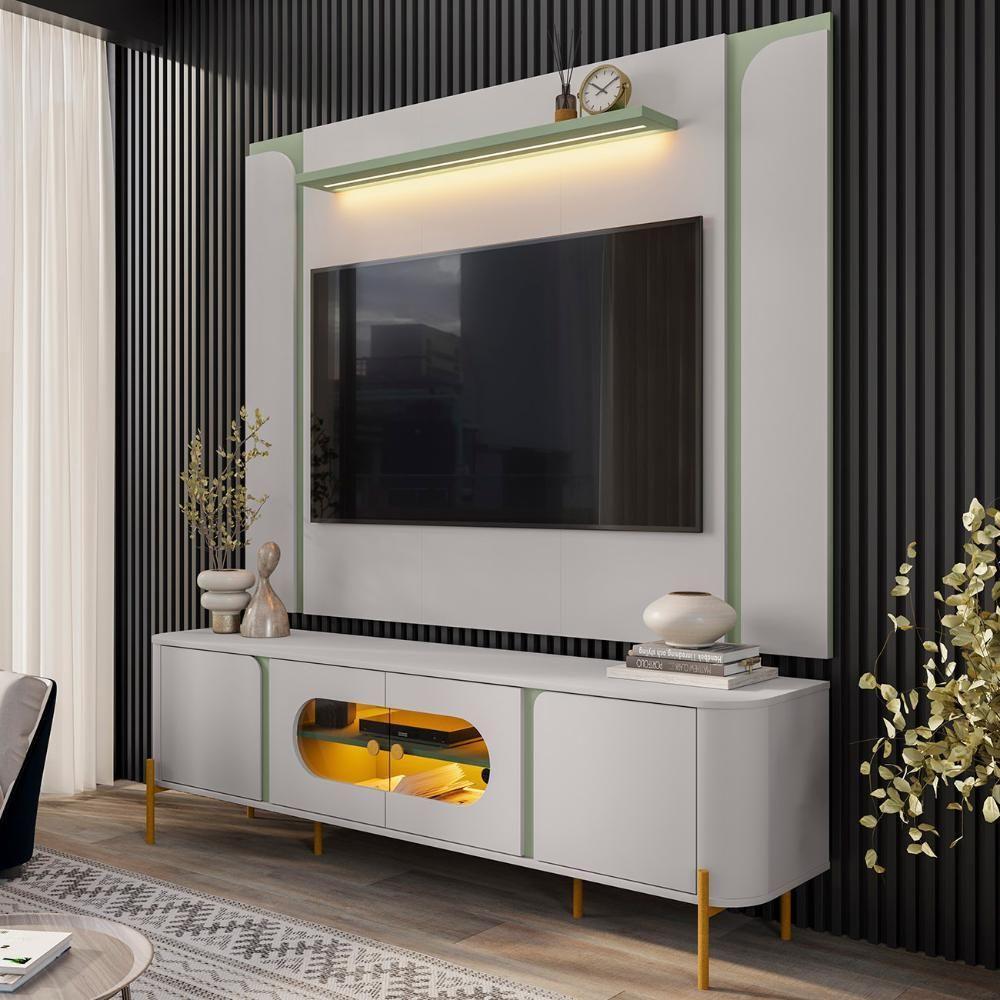 Painel Tv 75 Pol Marina E Rack Com Led 180cm Ricky Off/pistache B02 - Mpozenato - 2