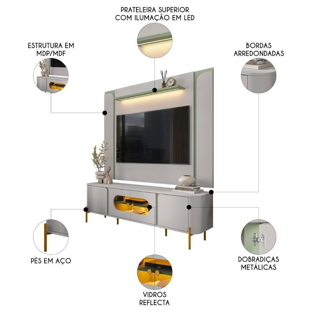 Painel Tv 75 Pol Marina E Rack Com Led 180cm Ricky Off/pistache B02 - Mpozenato - 3