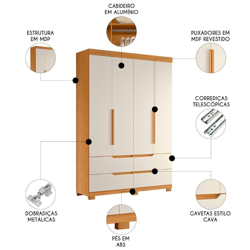 Guarda Roupa Solteiro 160cm 4 Portas Doble Cinamomo/off - Albatroz - 3