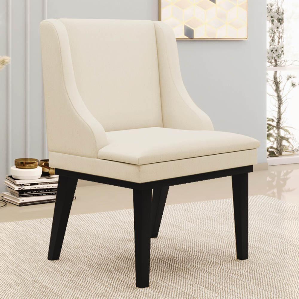 Kit 2 Cadeiras Estofadas Para Sala De Jantar Base Fixa De Madeira Preto Lia Linho Bege - Ibiza - 2