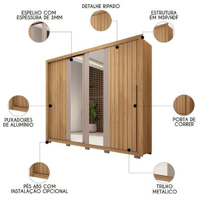 Guarda Roupa Casal Moviment 2 Portas de Correr 4 Gavetas Buriti-Fendi MDF Caemmun