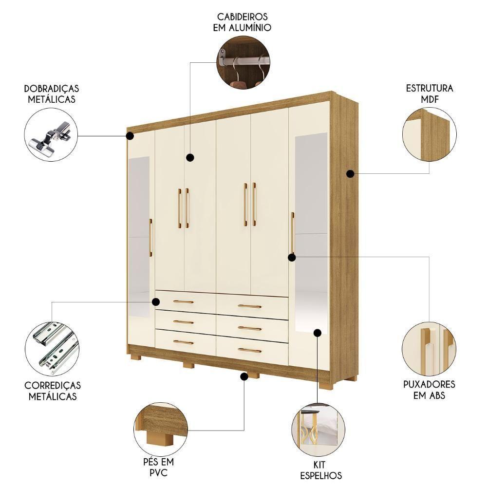 Guarda Roupa Casal 223cm Com Espelho Rick Nature/champanhe V02 - Mpozenato - 3