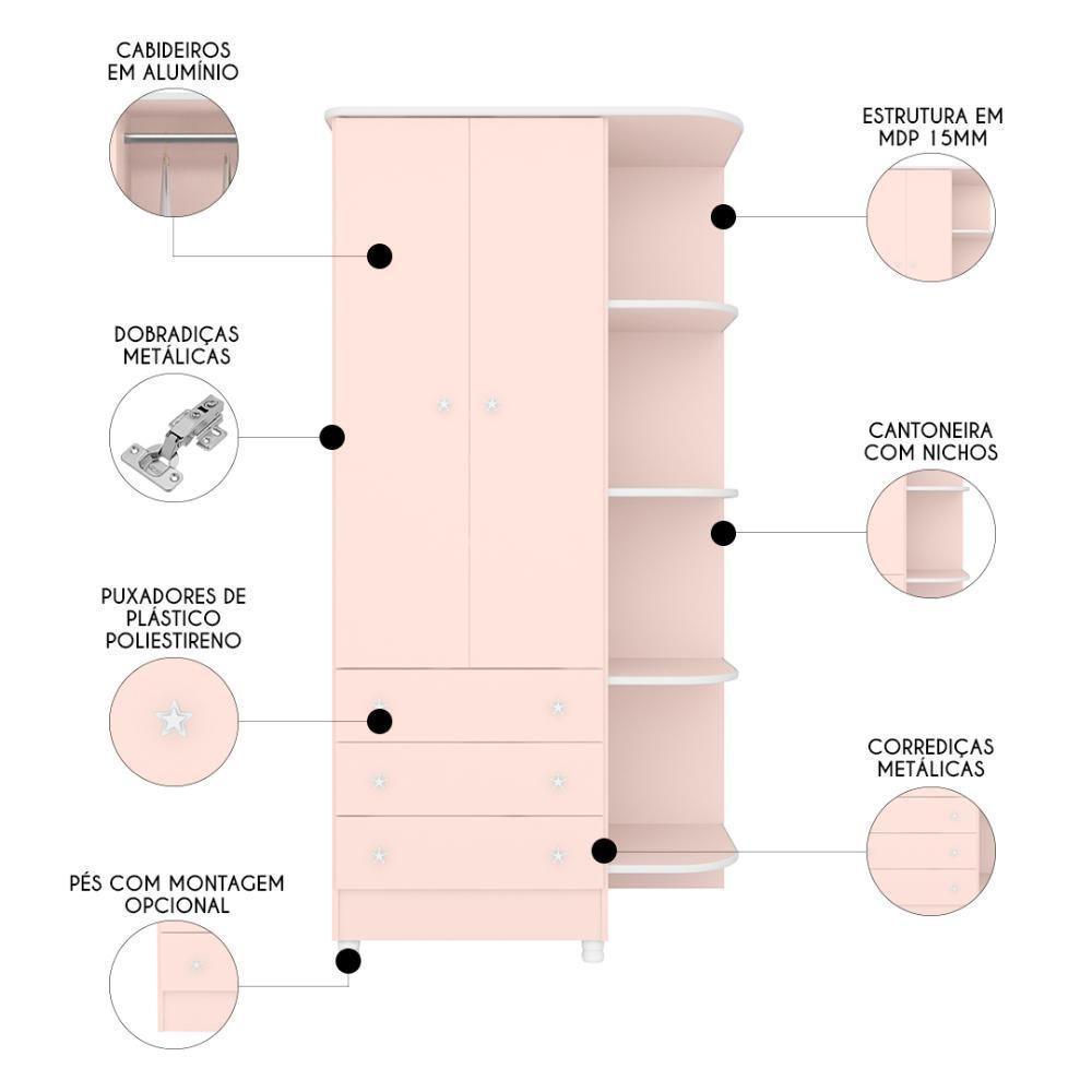Guarda Roupa Infantil Com Cantoneira Doce Sonho Rosa - Qmovi - 3