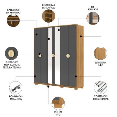 Guarda Roupa Casal Noronha 6 Portas de Bater 4 Gavetas Nature-Alasca MDF Vila Rica