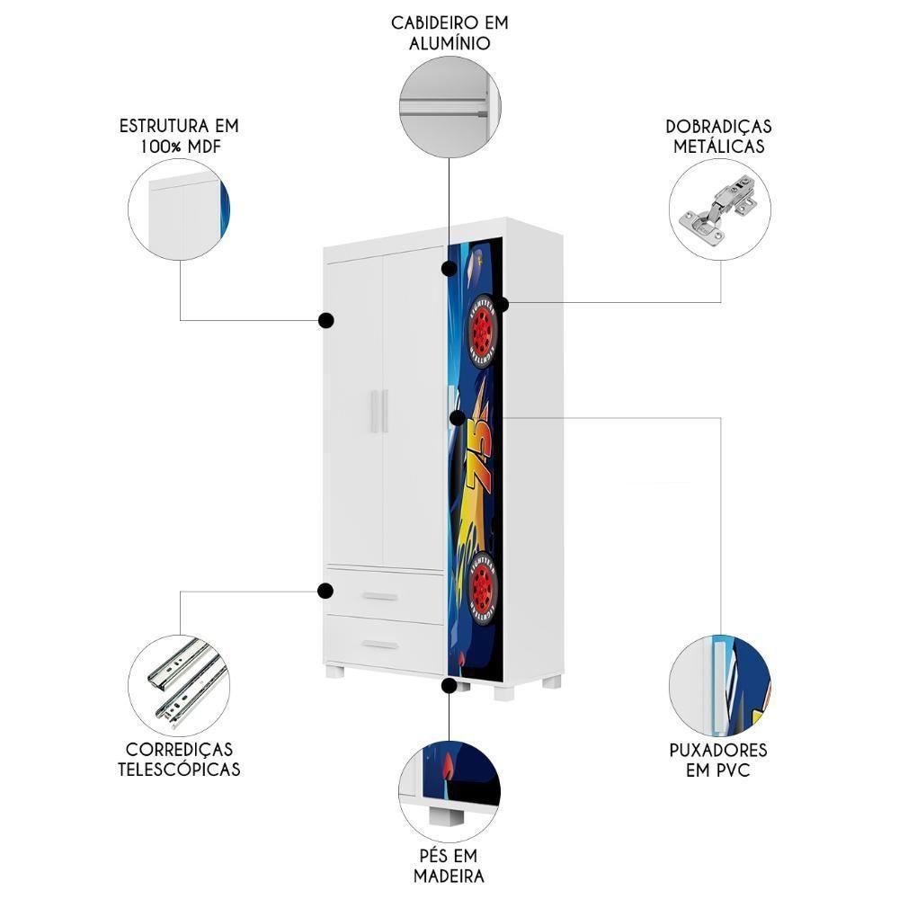 Guarda Roupa Infantil 89cm Com 3 Portas Carro Azul Z53 - Mpozenato - 3