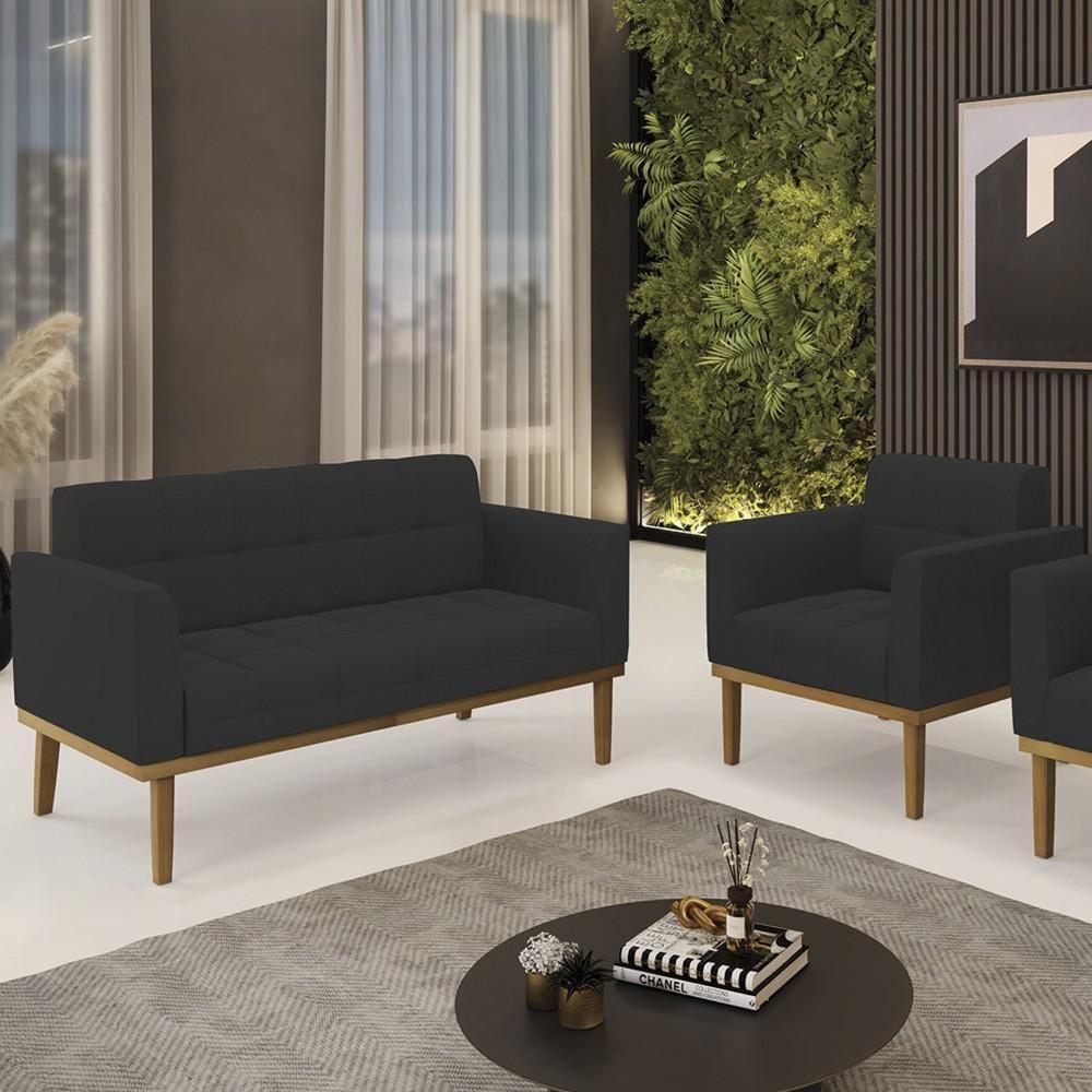 Sofá Namoradeira E 1 Poltrona Base Madeira Castanho Ana Veludo Preto - Ibiza - 2