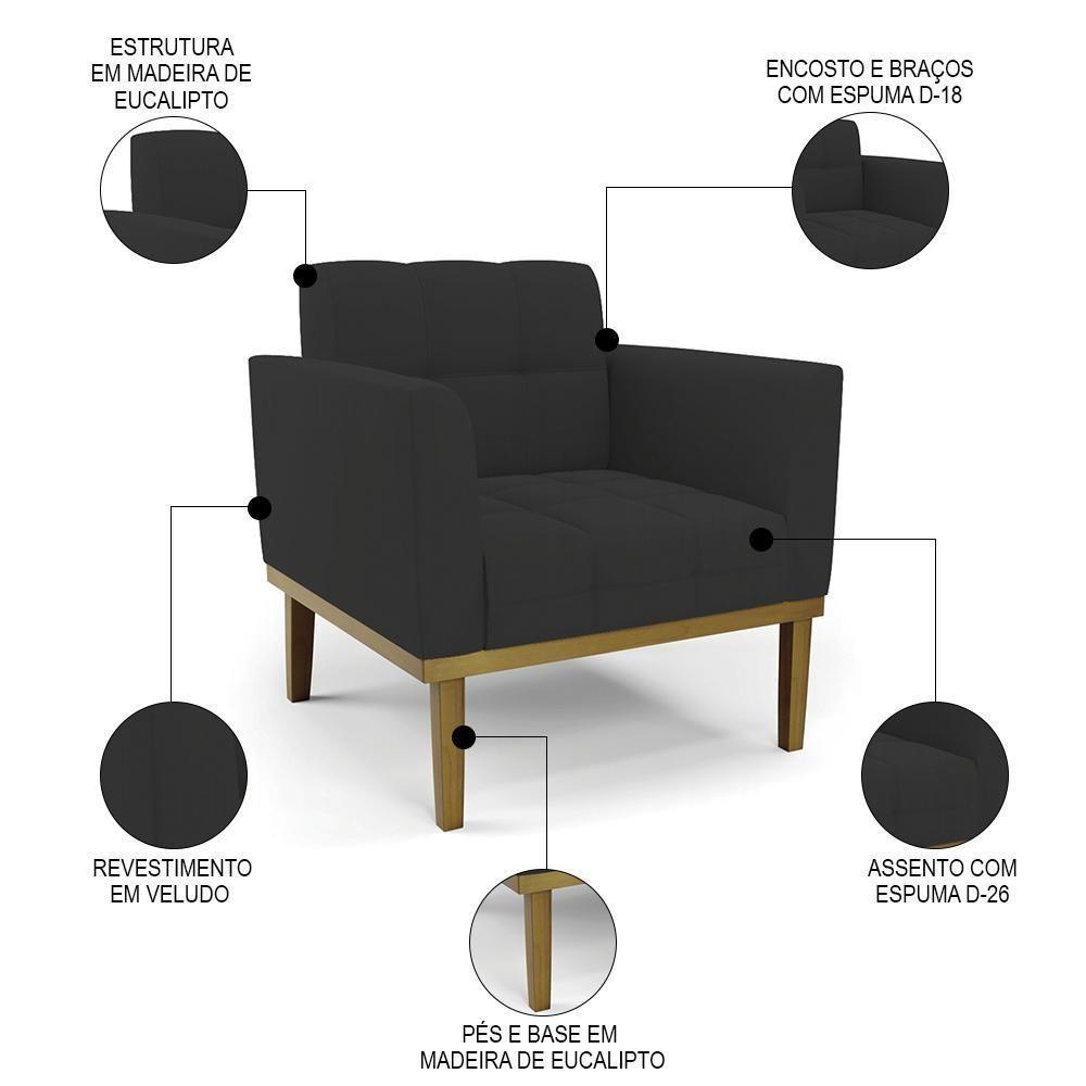Sofá Namoradeira E 1 Poltrona Base Madeira Castanho Ana Veludo Preto - Ibiza - 5