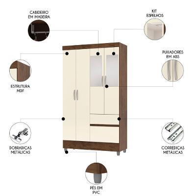 Guarda Roupa Solteiro Mayra V02 4 Portas de Bater 2 Gavetas Imbuia-Champanhe Mpozenato