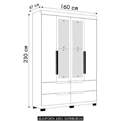 Guarda Roupa Solteiro Doble 4 Portas de Bater 4 Gavetas Freijó-Titanium MDP Albatroz