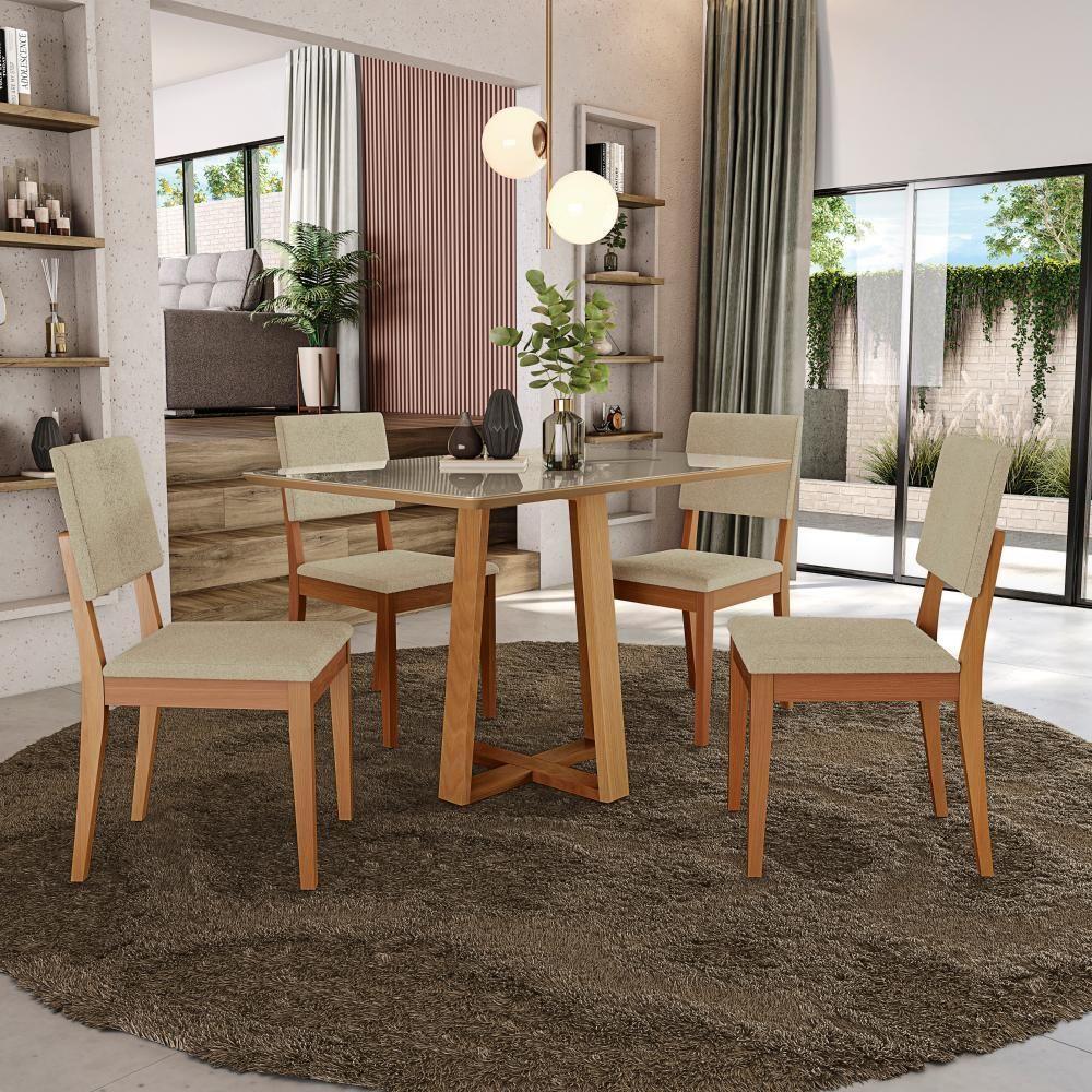 Conjunto Sala De Jantar Madeira Maciça 4 Cadeiras Kappesberg Freijó Boucle Bege - 1