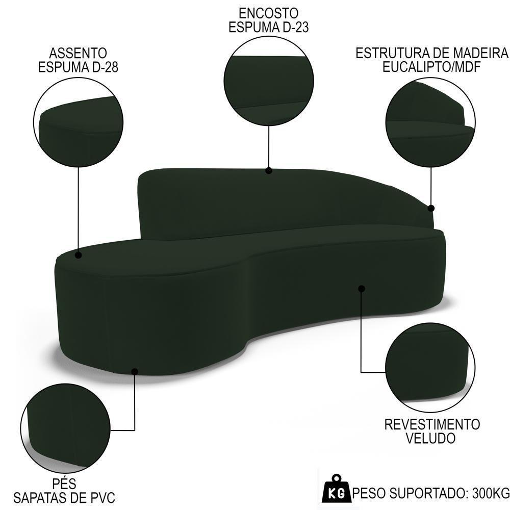 Sofá Living 3 Lugares 210cm Braço Direito Mozart D06 Veludo Verde - Mpozenato - 4