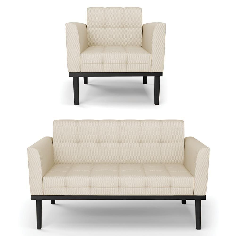 Sofá Namoradeira E 1 Poltrona Base Madeira Preto Ana Veludo Luxo Off White - Ibiza - 1