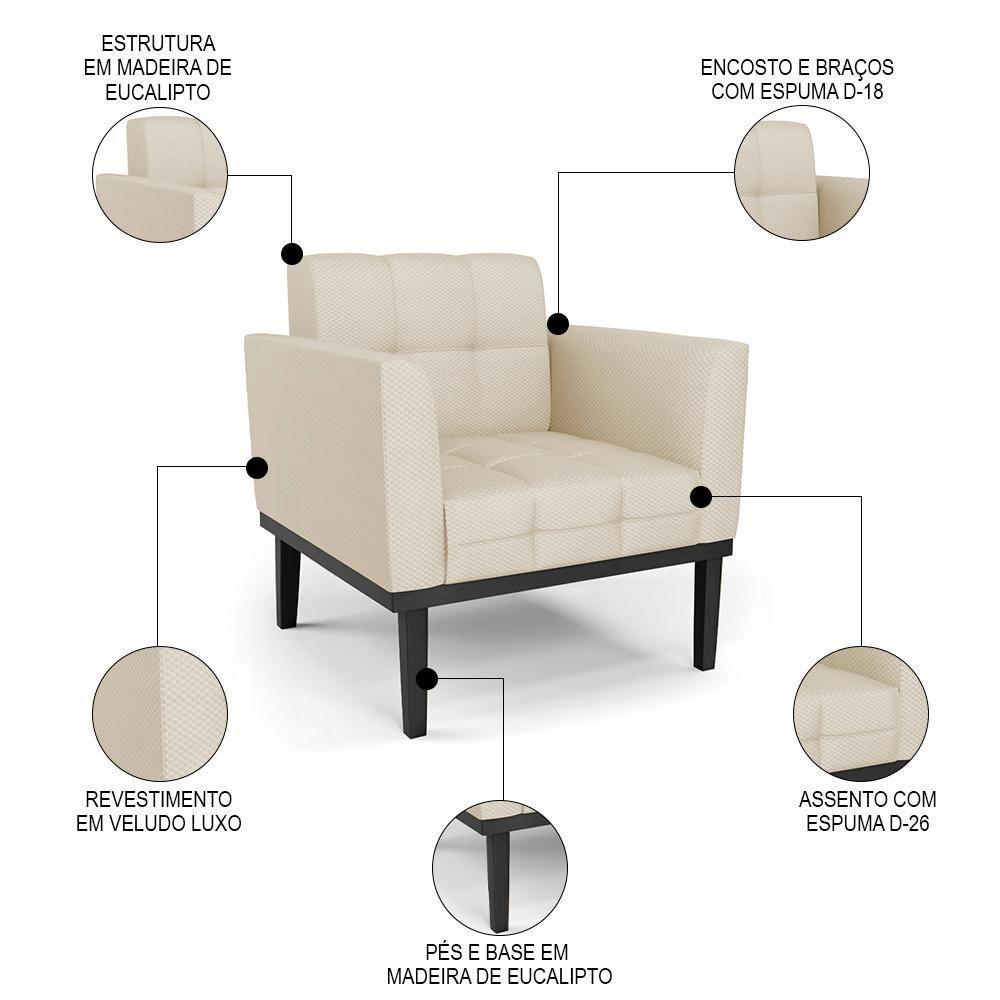 Sofá Namoradeira E 1 Poltrona Base Madeira Preto Ana Veludo Luxo Off White - Ibiza - 5