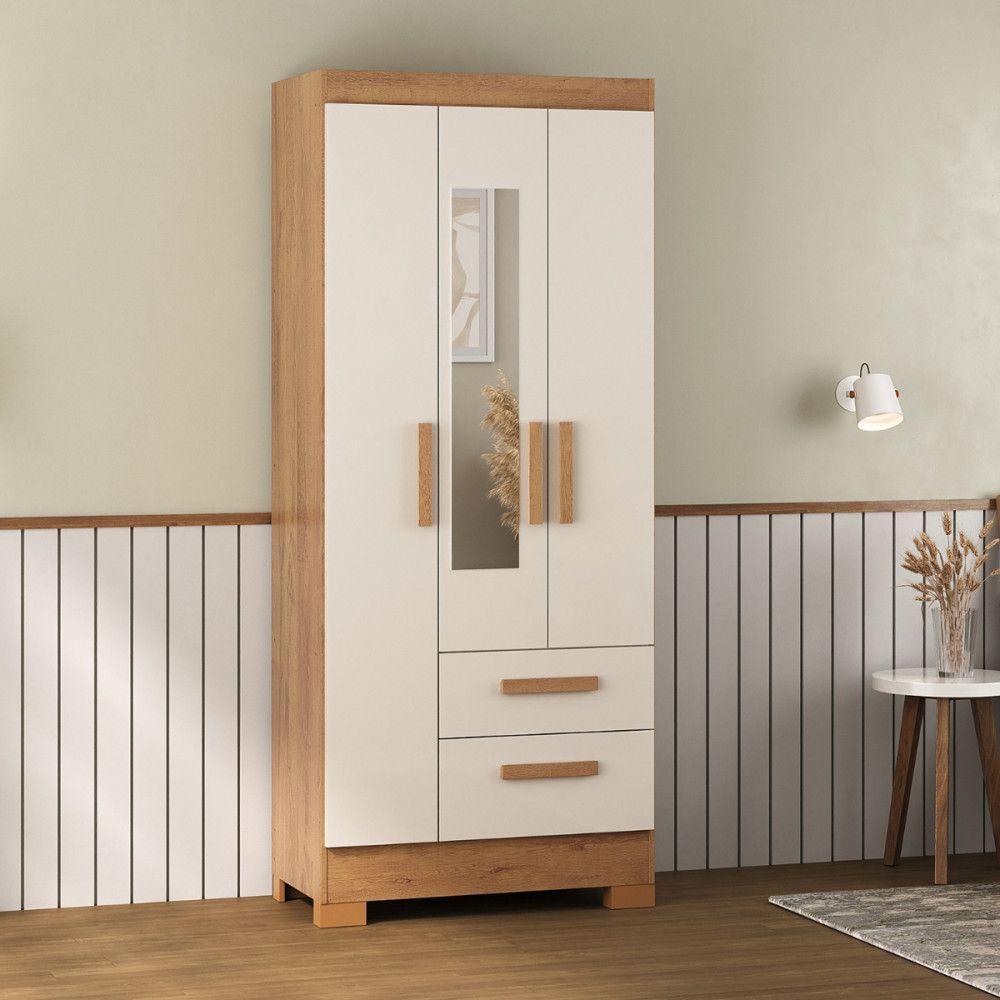 Guarda Roupa Solteiro Com Espelho 3 Portas Fortaleza Atualle Canelato Rustico Com Off White - 2