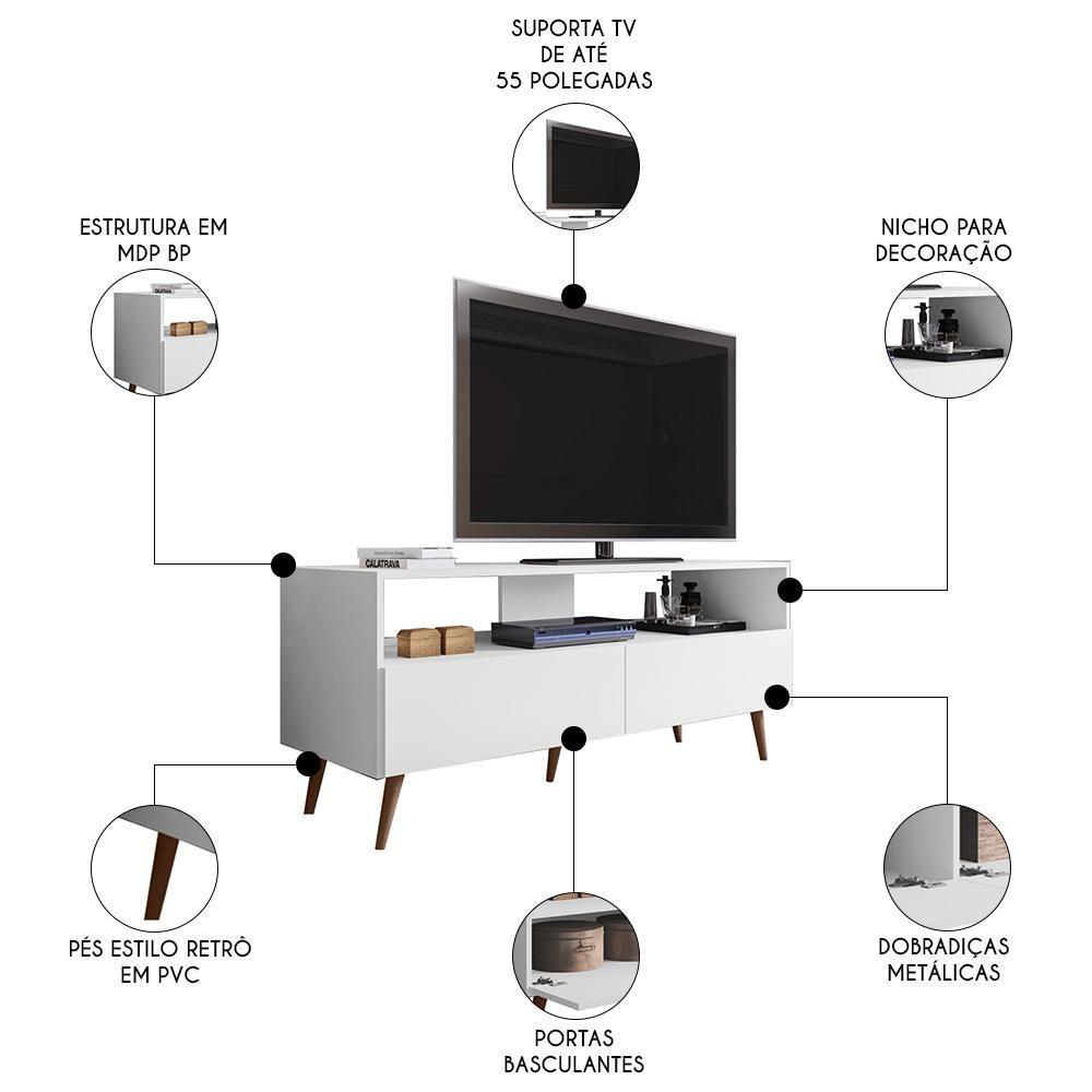 Rack Para Sala Bancada De Tv 55 Pol 136cm Pés Retrô Senna Z34 Branco - Mpozenato - 3