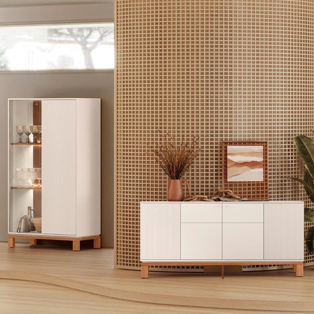 Buffet Aparador E Cristaleira Com Led Lucca Off White-freijó C01 - Mpozenato - 2