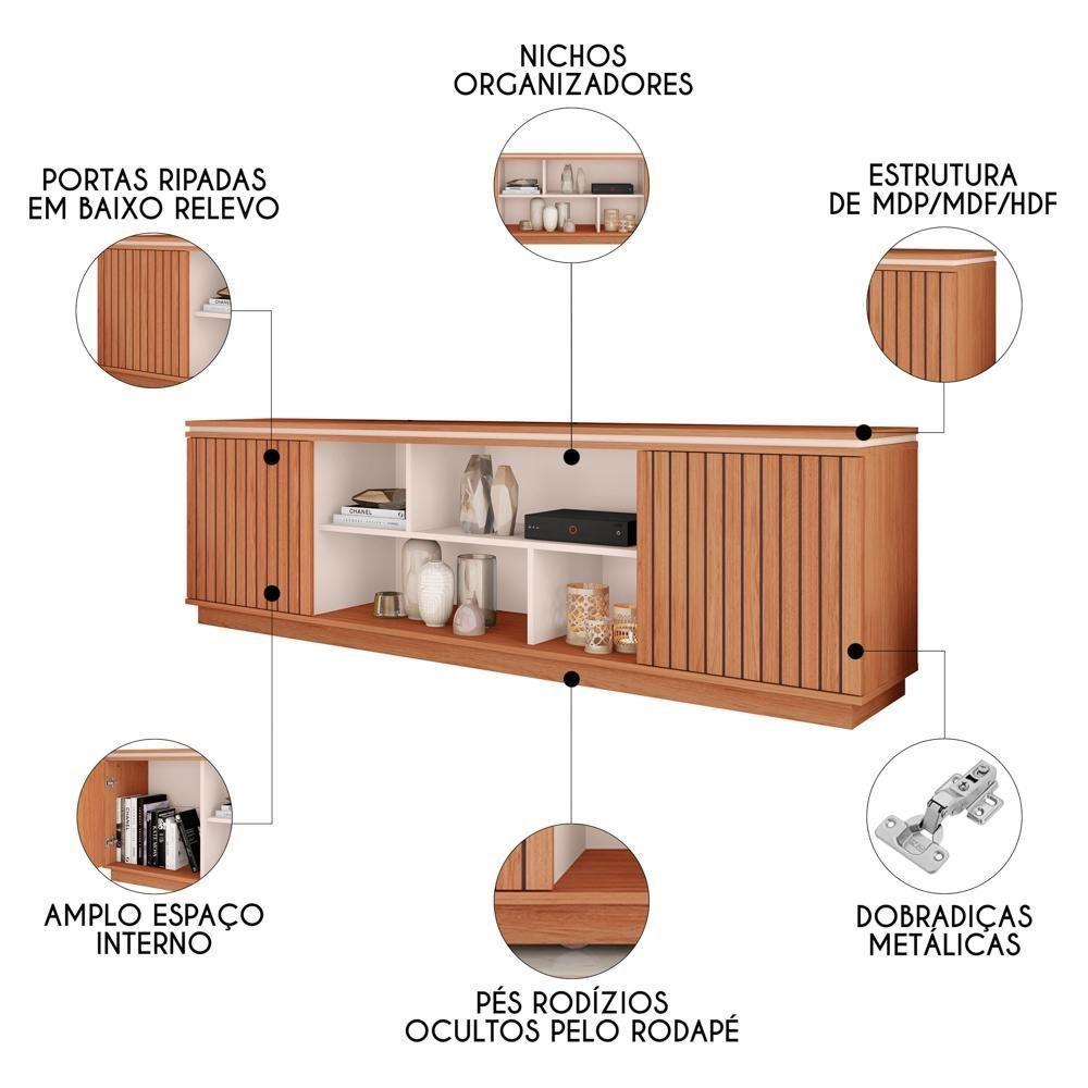 Rack Para Sala Bancada De Tv 75 Pol 180cm Simetria Freijó/off White - Caemmun - 3