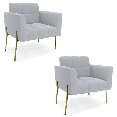 Kit 2 Poltronas Para Sala Ana Bouclê Cinza Pés Metal Dourado Ibiza