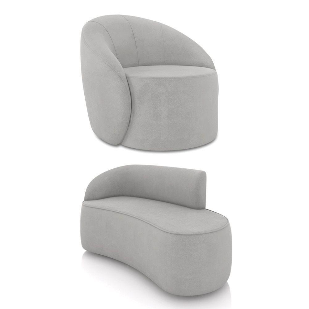 Sofá 2 Lugares Orgânico 140cm Morgan E Poltrona Lua Suede Cinza D03 - D'rossi - 1
