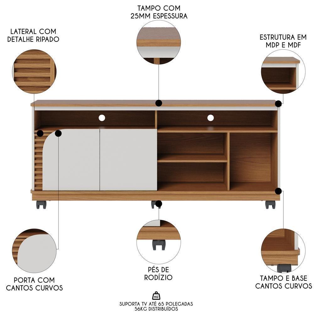 Rack Para Sala Bancada De Tv 65 Pol 150cm Madrid C05 Freijó/off White Matte - Mpozenato - 4