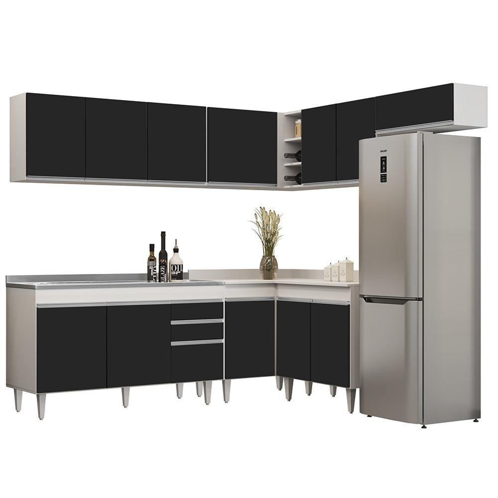 Armário De Cozinha Modulado De Canto 7 Peças Cp24 Com Pia Inox Branco/preto - Lumil - 1