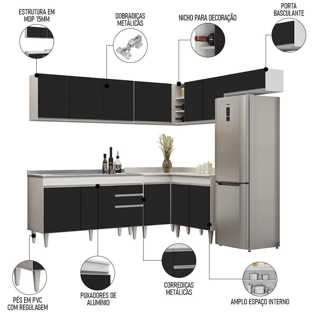 Armário De Cozinha Modulado De Canto 7 Peças Cp24 Com Pia Inox Branco/preto - Lumil - 4