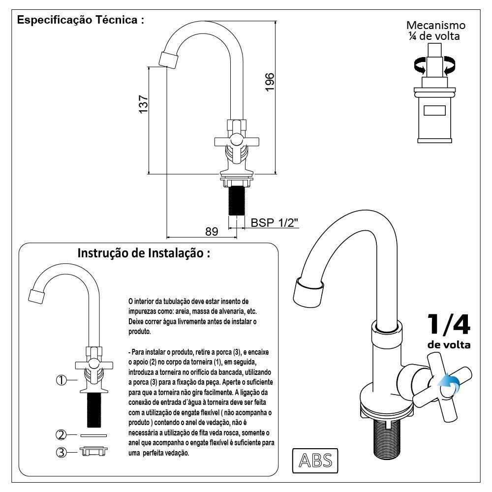 Torneira Lavatório Banheiro Pia Bica Móvel Baixa Cromado Mesa 1/4 De Volta - 8