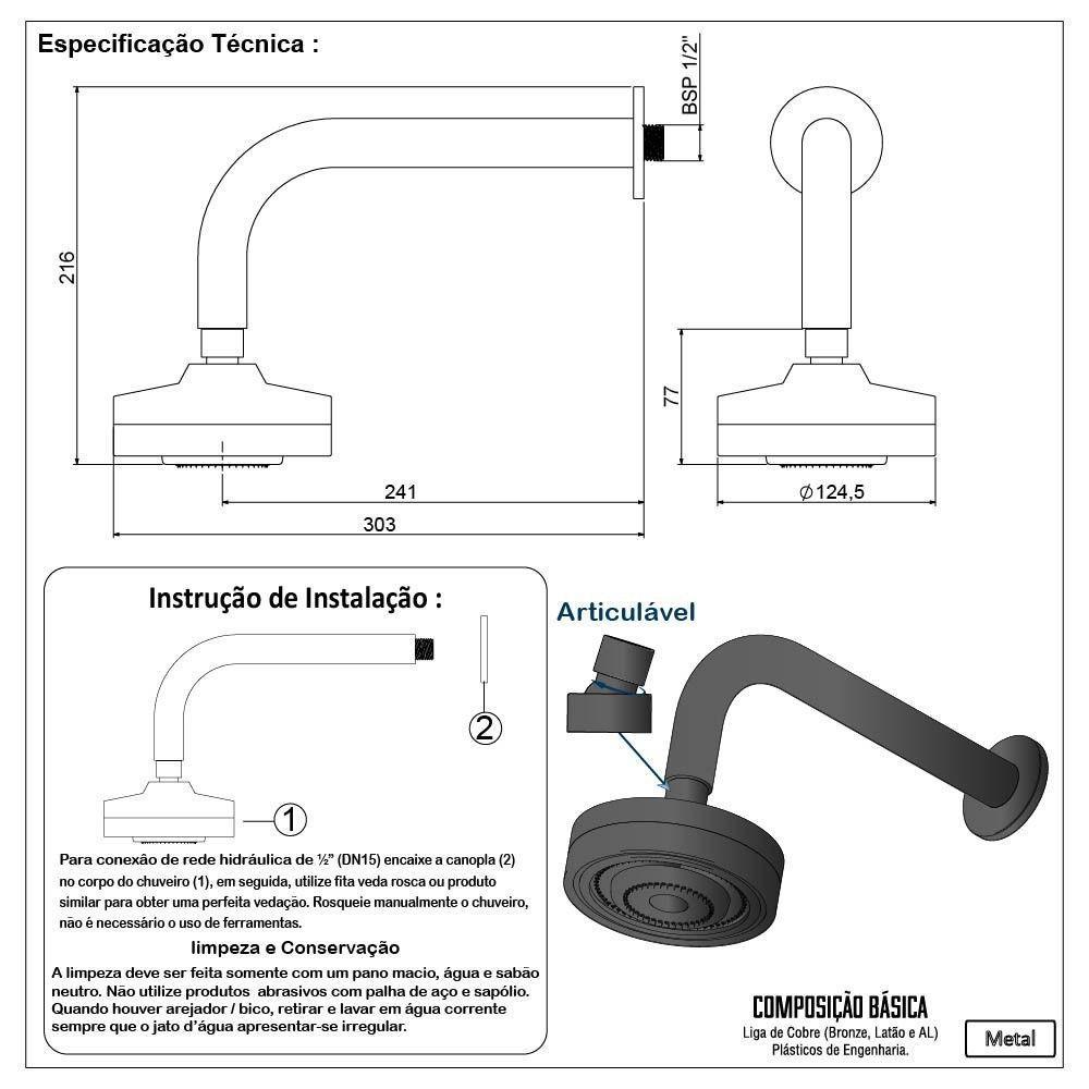 Chuveiro Ducha Autolimpante Redondo Preto Black Articulável Solar Ou A Gás - 8
