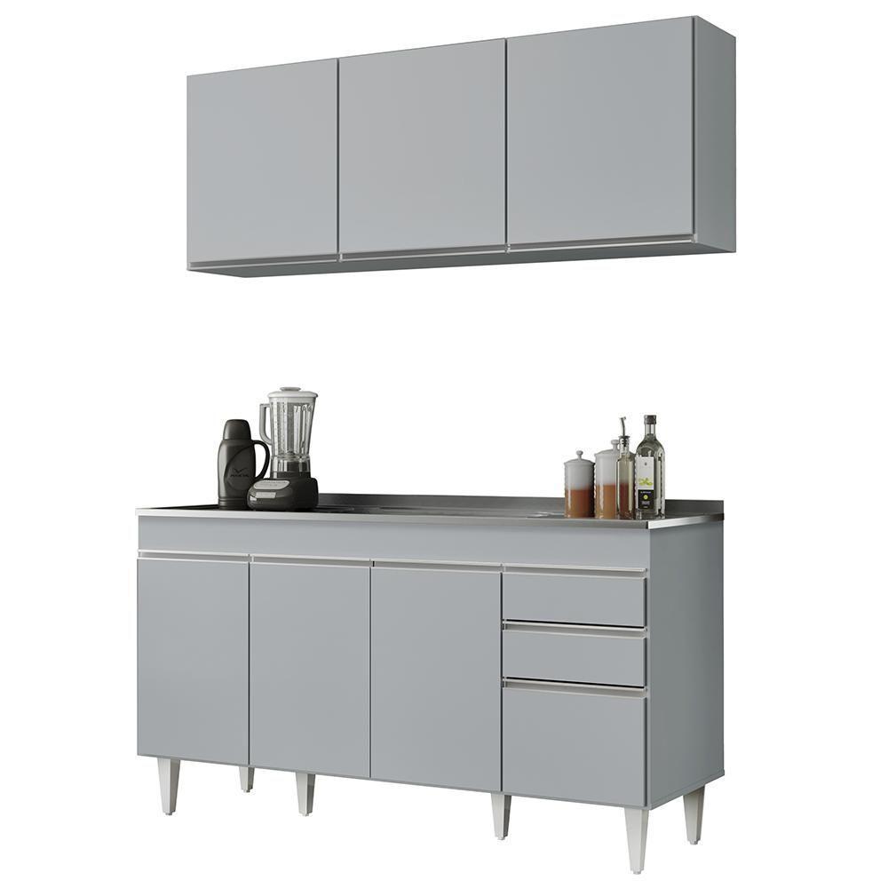 Armário De Cozinha Aéreo Argélia E Balcão Com Pia 150cm Marrocos Cinza Claro - Lumil - 1
