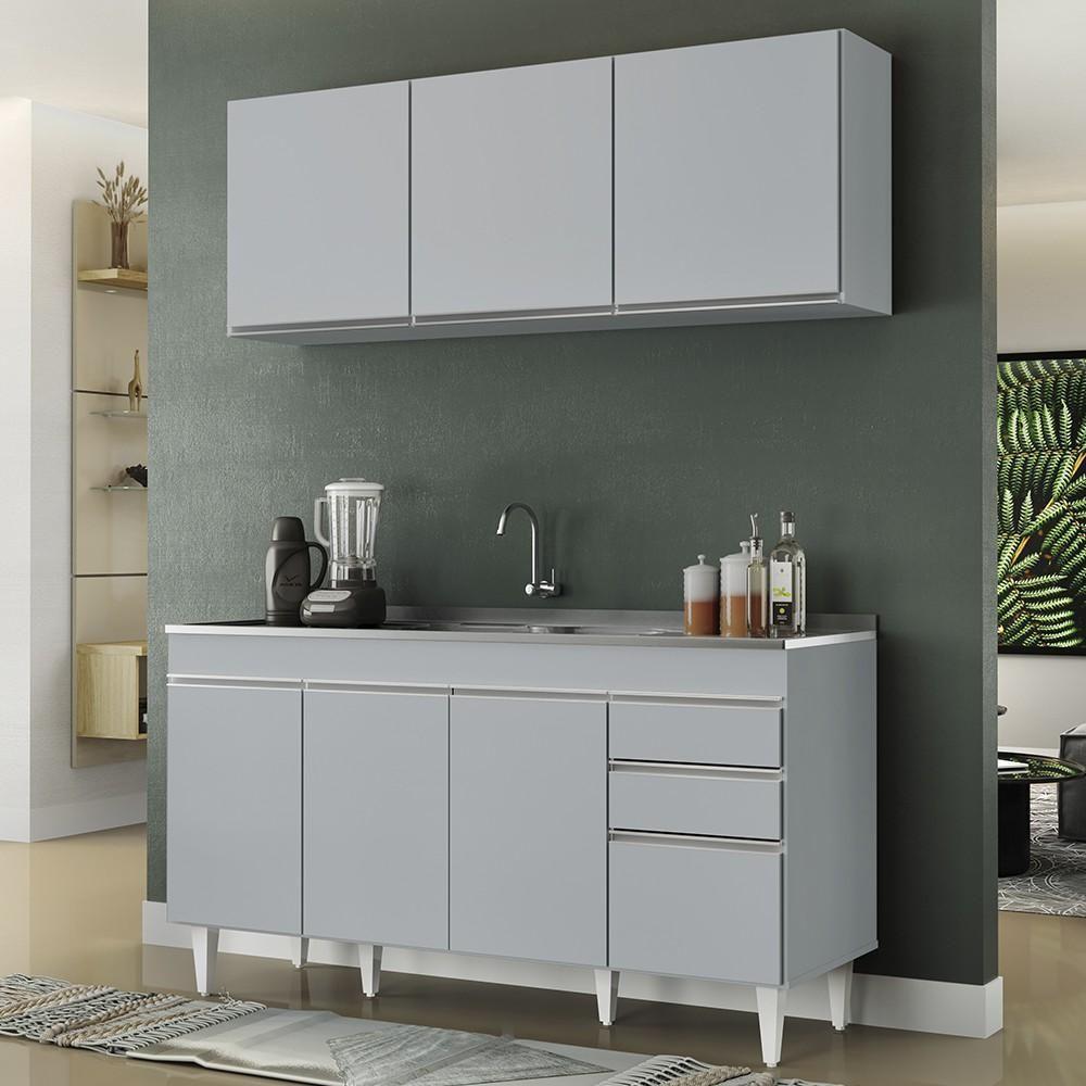 Armário De Cozinha Aéreo Argélia E Balcão Com Pia 150cm Marrocos Cinza Claro - Lumil - 2