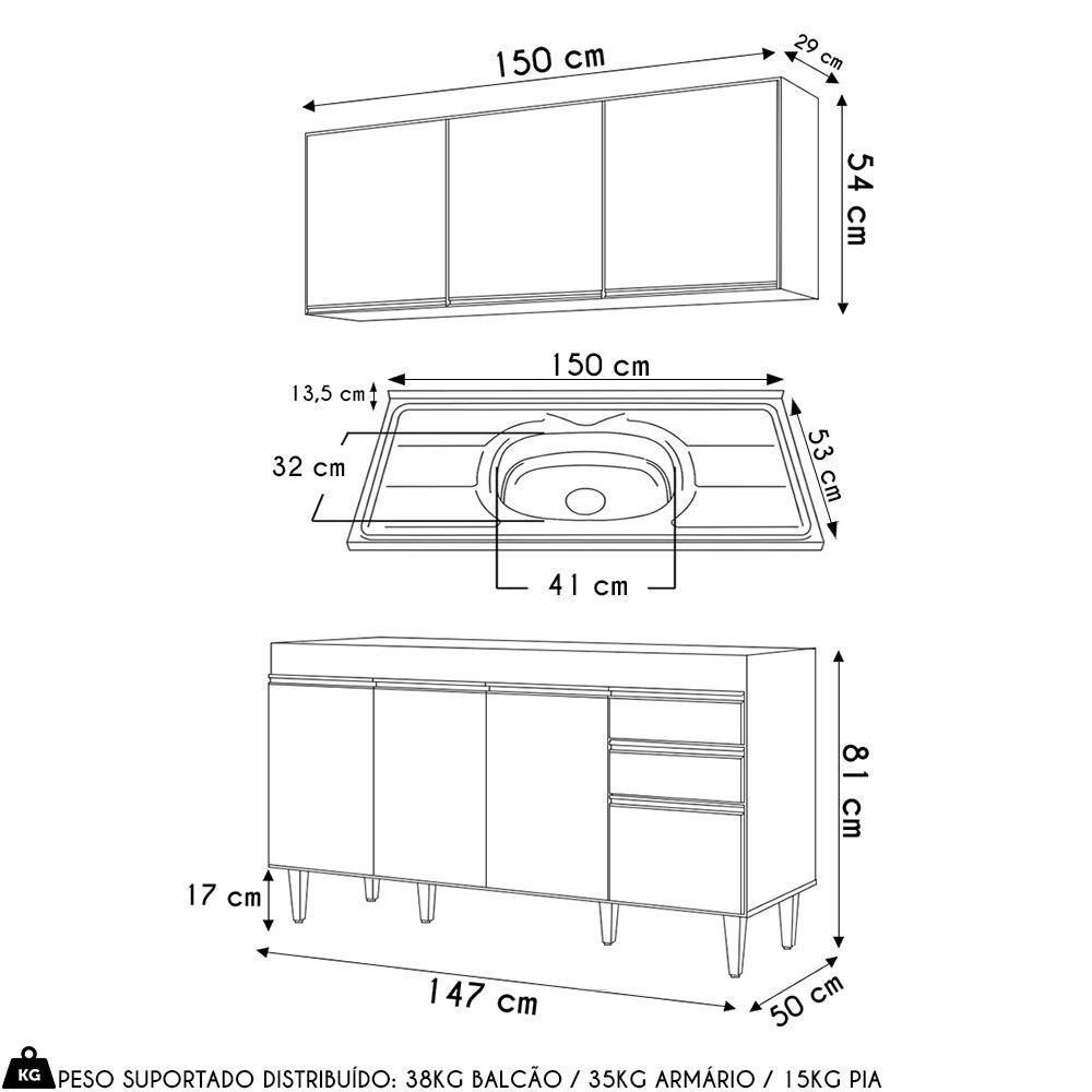 Armário De Cozinha Aéreo Argélia E Balcão Com Pia 150cm Marrocos Cinza Claro - Lumil - 4