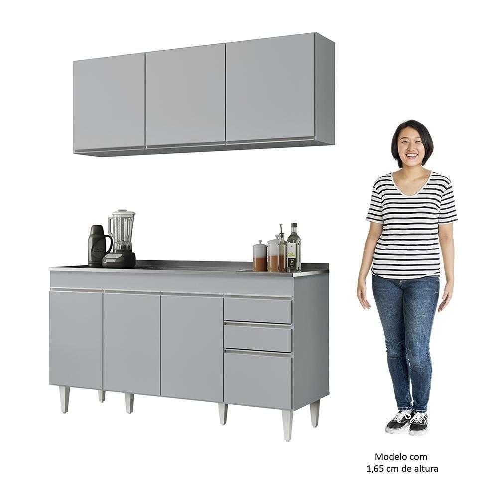 Armário De Cozinha Aéreo Argélia E Balcão Com Pia 150cm Marrocos Cinza Claro - Lumil - 5