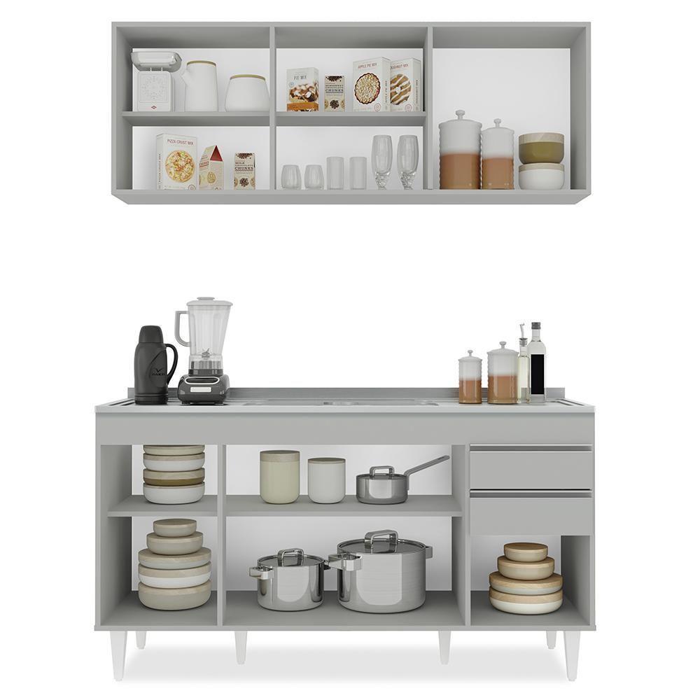 Armário De Cozinha Aéreo Argélia E Balcão Com Pia 150cm Marrocos Cinza Claro - Lumil - 7