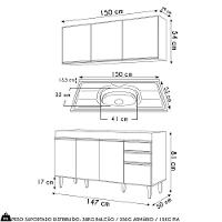 Armário De Cozinha Aéreo Argélia E Balcão Com Pia 150cm Marrocos Cinza Claro - Lumil