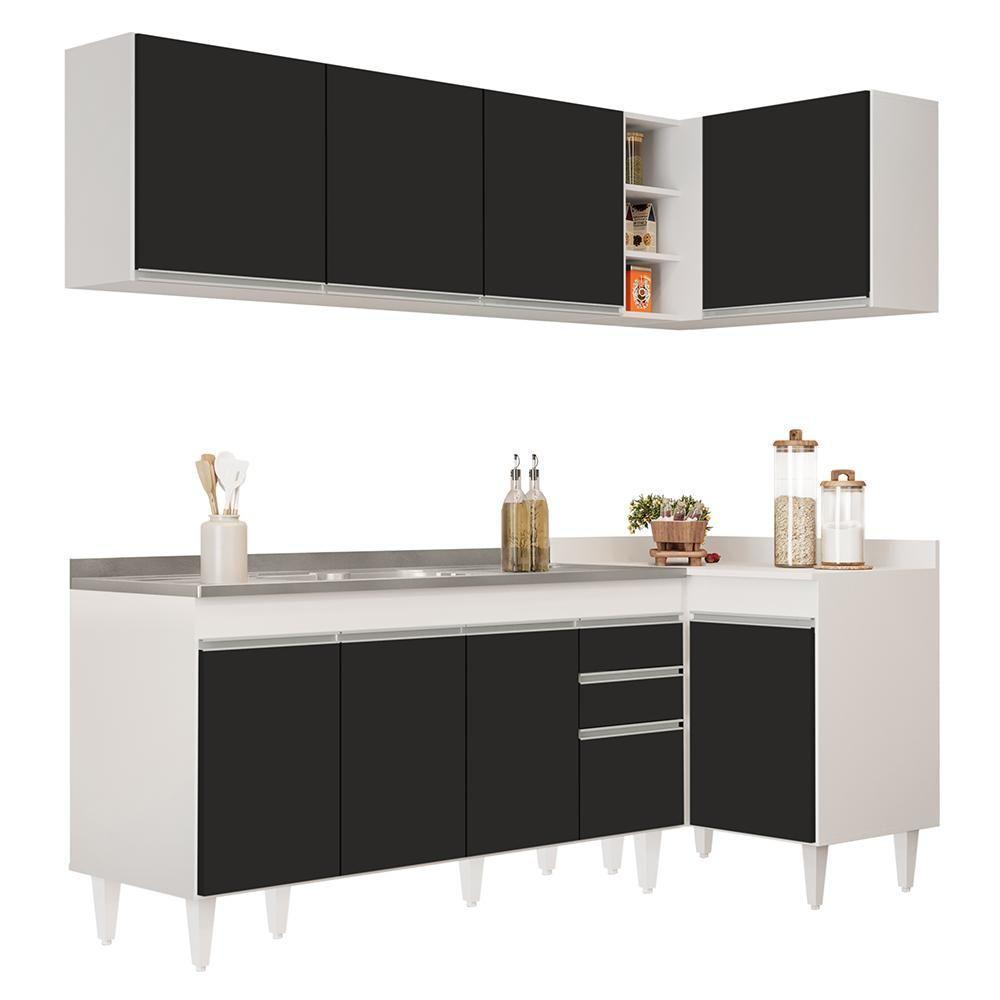 Armário De Cozinha Modulado De Canto Esquerdo 4 Peças Cp51 Com Pia Inox Branco/preto - Lumil - 1