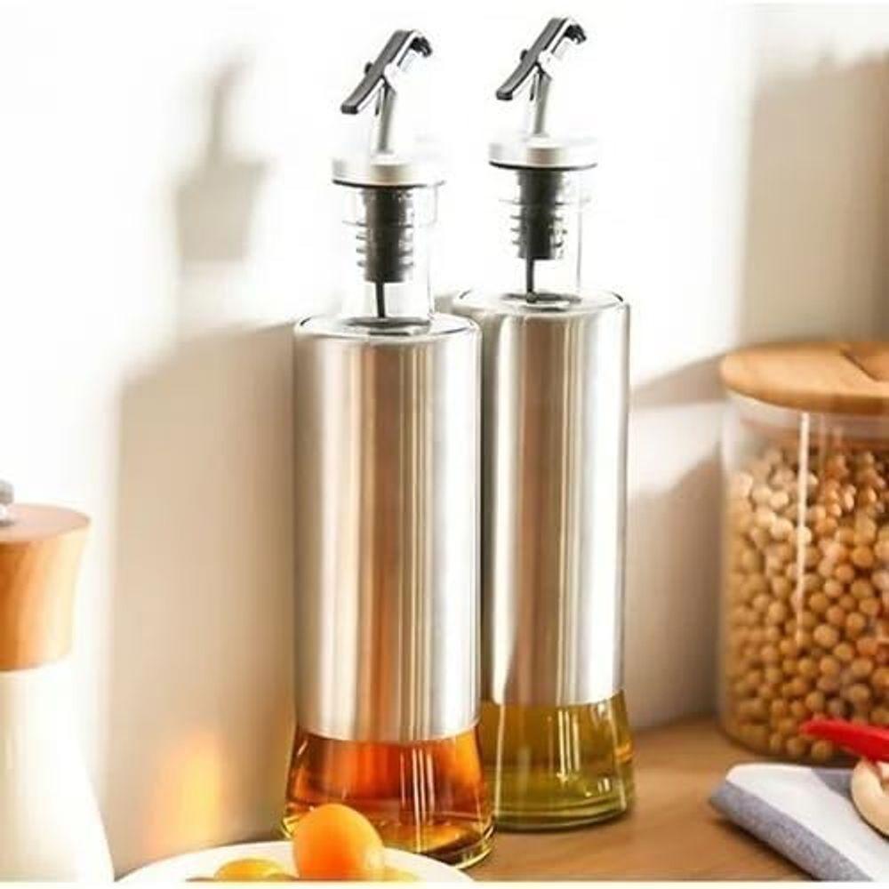 Kit 2 Galheteiros Azeite Vinagre 300ml Vidro C/ Dosador Inox - 1