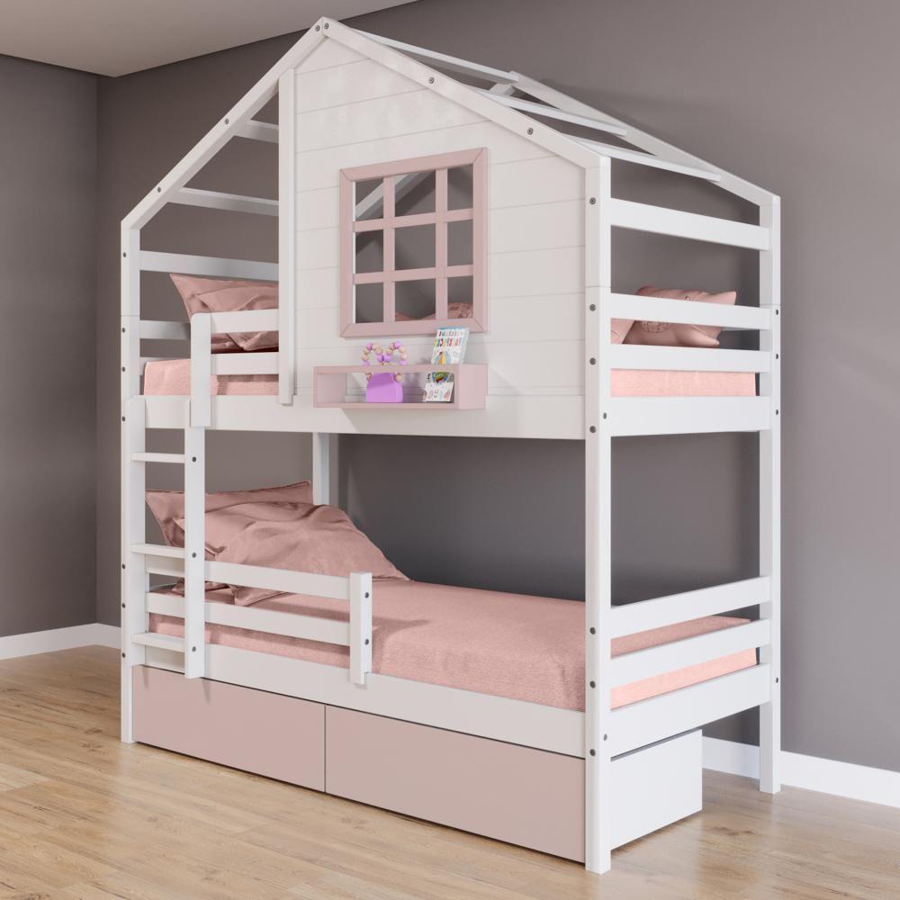 Beliche Casinha Com Janela 02 Gavetas Rosa E Grade De Proteção Madeira Maciça Branco/ Rosa Housin - 1