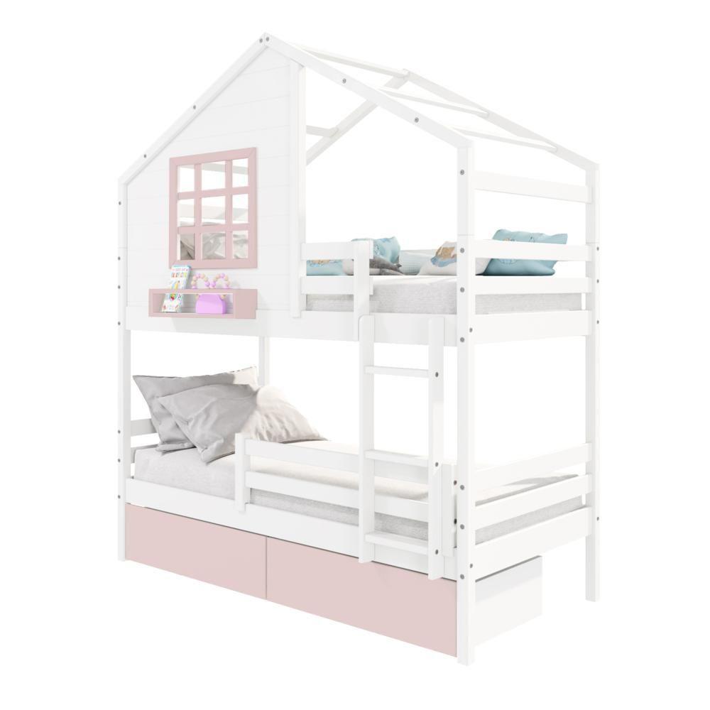 Beliche Casinha Com Janela 02 Gavetas Rosa E Grade De Proteção Madeira Maciça Branco/ Rosa Housin - 2