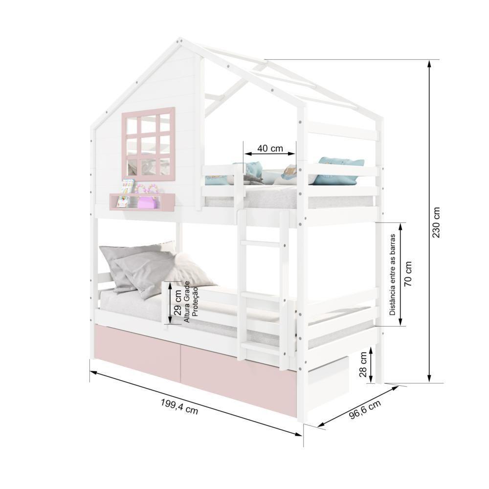 Beliche Casinha Com Janela 02 Gavetas Rosa E Grade De Proteção Madeira Maciça Branco/ Rosa Housin - 3