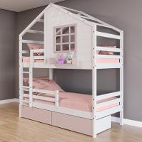 Beliche Casinha Com Janela 02 Gavetas Rosa E Grade De Proteção Madeira Maciça Branco/ Rosa Housin - 1