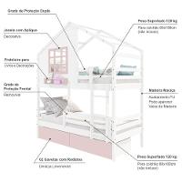 Beliche Casinha Com Janela 02 Gavetas Rosa E Grade De Proteção Madeira Maciça Branco/ Rosa Housin